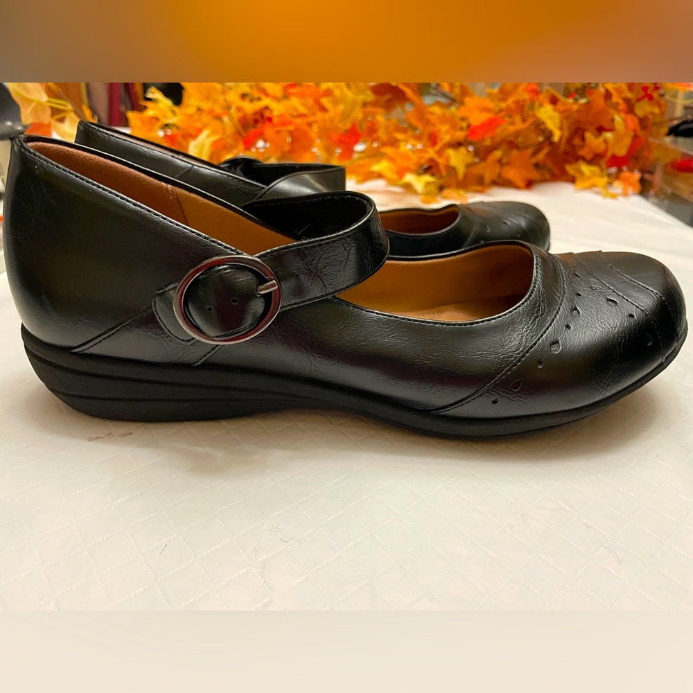 Black leather Mary Jane’s.  Custom Plus by Predictions in Size 10.